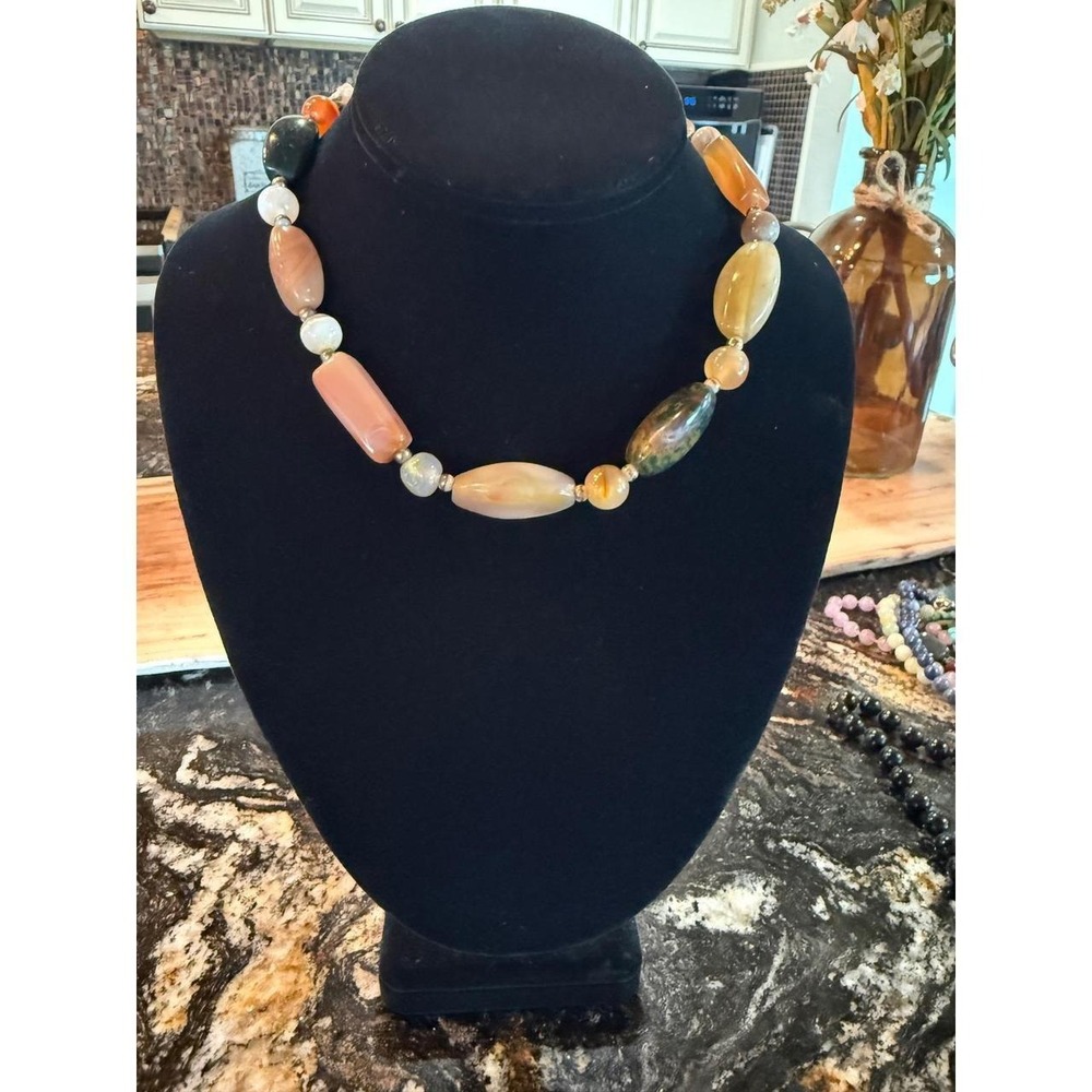 Natural Agate Stone Chunky Beaded Necklace Multi Color Earth Tone Statement 20in